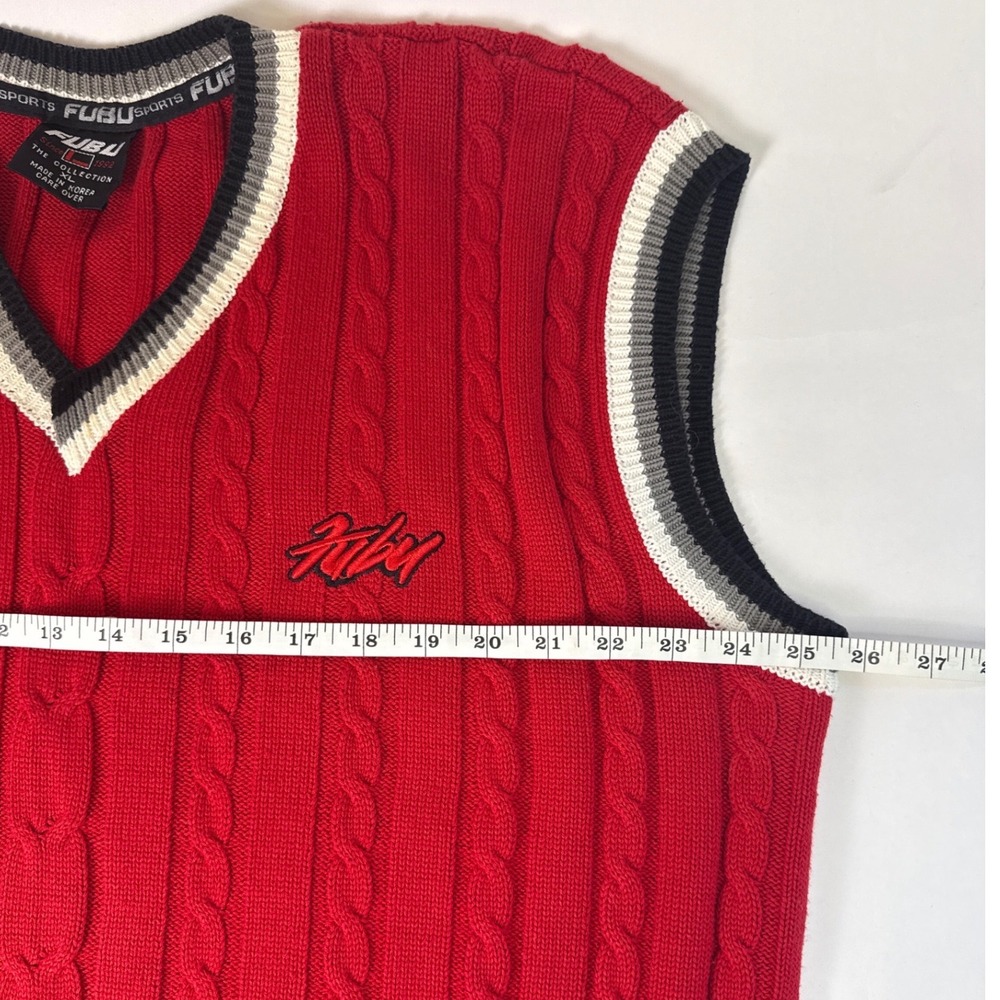 Vintage Y2K FUBU Red Cable Knit Sweater‎ Vest V-Neck Striped XL 90s Streetwear - Picture 8 of 10